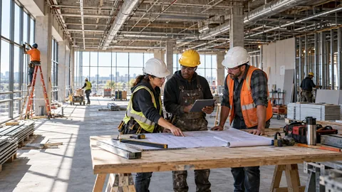 People planning and working on a commercial interior remodel.